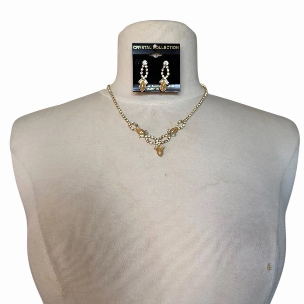 Crystal Collection Gold Tone Rhinestone Necklace & Earrings Set NIP Made In USA